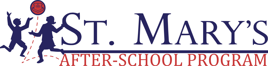 Logo of St. Mary’s After-School Program featuring silhouettes of two children playing basketball. The text "St. Mary’s After-School Program" is prominently displayed, with "St. Mary’s" in large blue letters and "After-School Program" in a red banner below, emphasizing the vibrant after school program atmosphere.